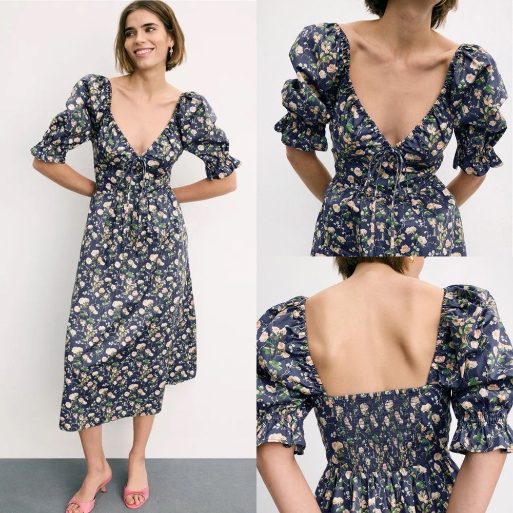 Hill House Navy Floral Midi Dress with Pink and Cream Blooms